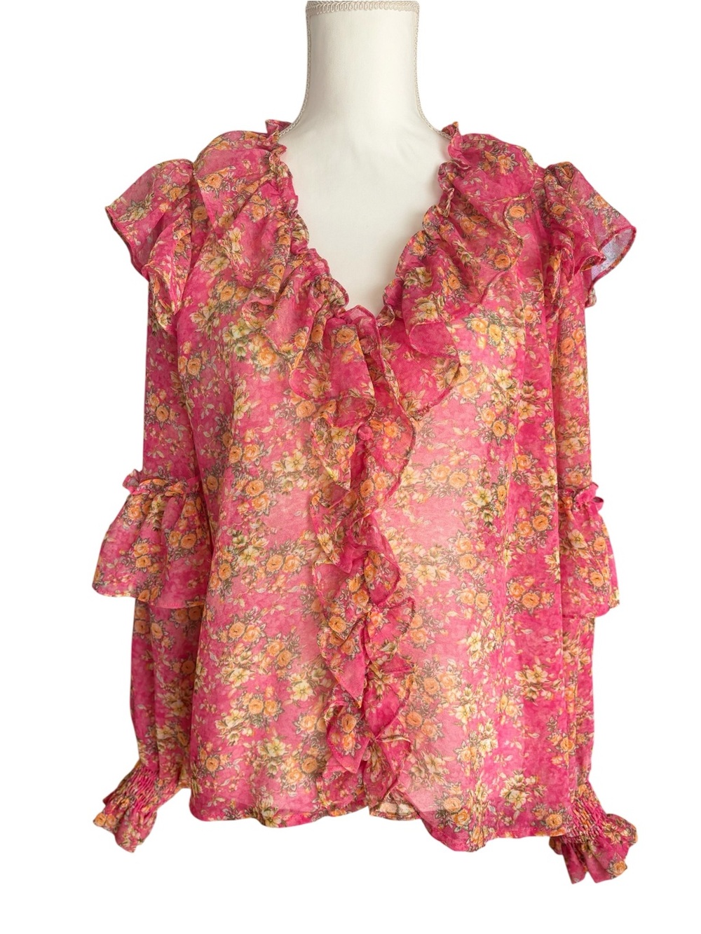Fate Boho Floral Ruffle Smocked Cuff Tiered Sleeve Blouse Pink L